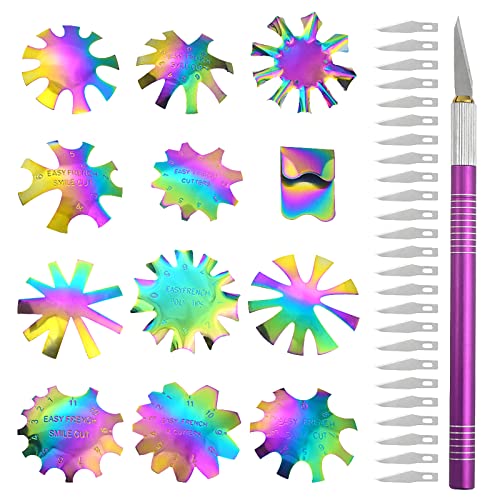 Rainbow French Nail Cutter Set - 12 Stainless Steel Tip Cutters with Handle & 25 Spare Blades