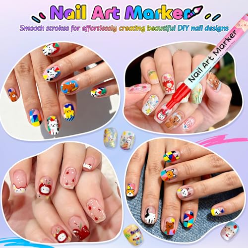 NuSoulra 0.5mm 12-Color Nail Art Pens Set with 15 Nail Stickers for DIY Manicure