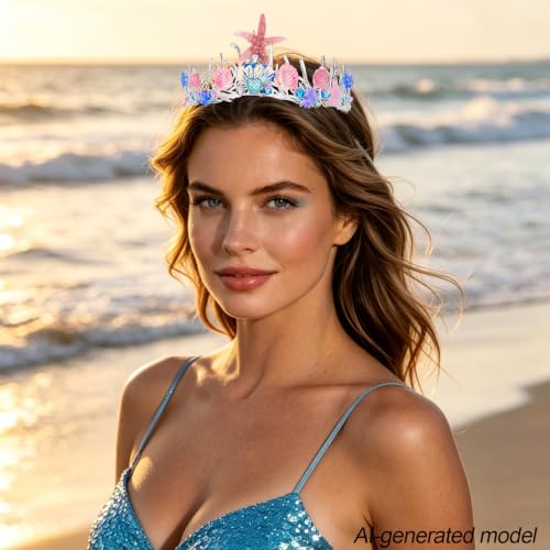 Pink Mermaid Tiara for Women - Pearl Crown with Seashell & Starfish Design