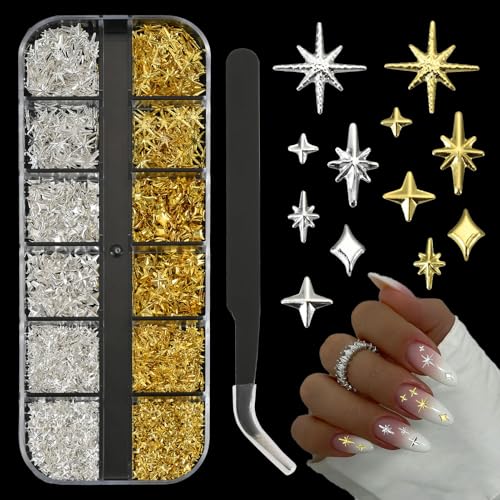 OPMADM Set of 2500 3D Star Nail Charms - Silver & Gold Star Variations