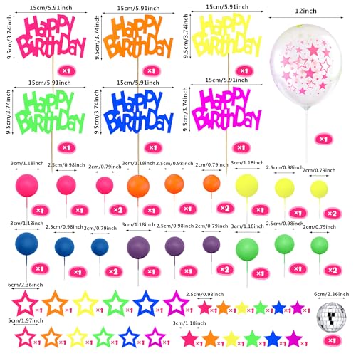 56 PCS Neon Glow Cake Topper Set - Happy Birthday & Star Toppers