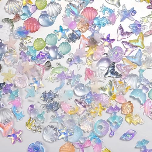 200Pcs Ocean Nail Charms - 3D Resin Starfish & Jellyfish Gems