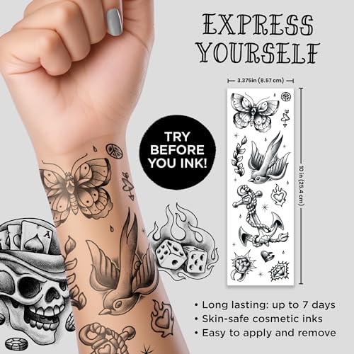 Savvi Temporary Tattoos - 20 Black & Gray Skin-Safe Designs (2 Sheets)