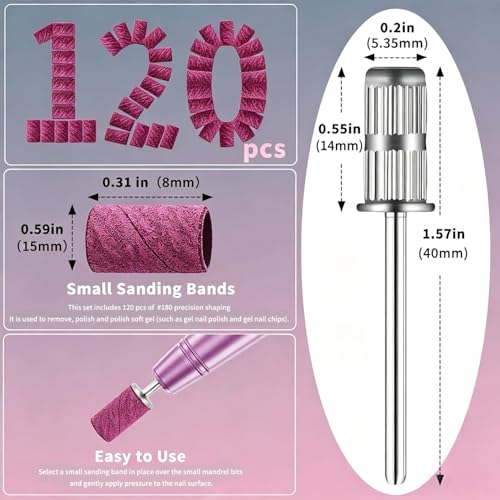 120pcs Pink Sanding Bands Set for Nail Drill - #180 Medium Grit