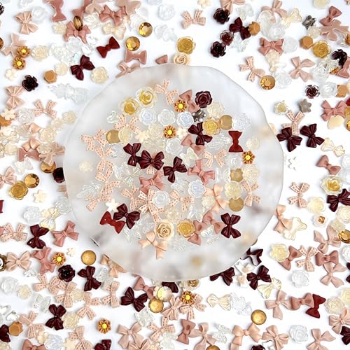 300Pcs Autumn Winter Bow Nail Charms - 3D Rhinestones & Gems