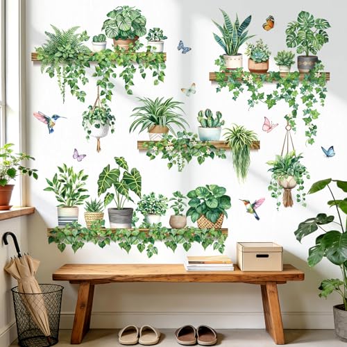 Decalmile Green Pot Plants Wall Decals - Tropical Leaf Stickers