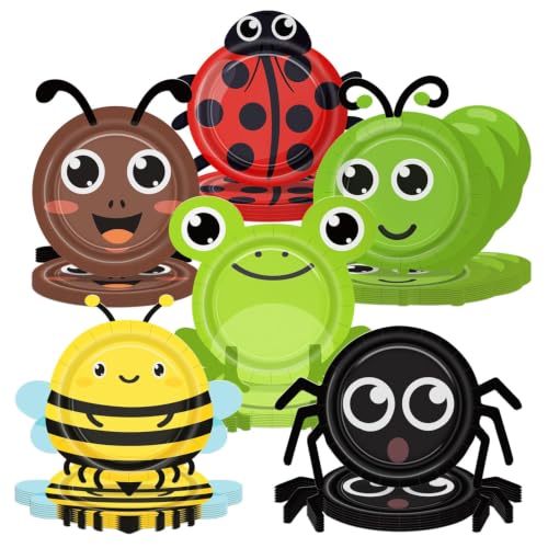 60 Bugs Party Plates - Ladybug, Bee, Frog & Insect Designs