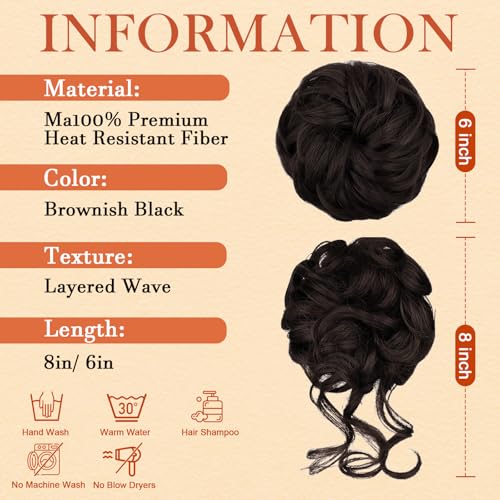 Women Hairpieces 2PCS Wavy Curly Messy Bun Extensions Brownish Black-4