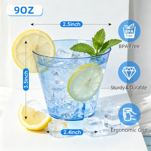 N9R 50 Pack 9 oz Clear Blue Disposable Plastic Cups for Parties