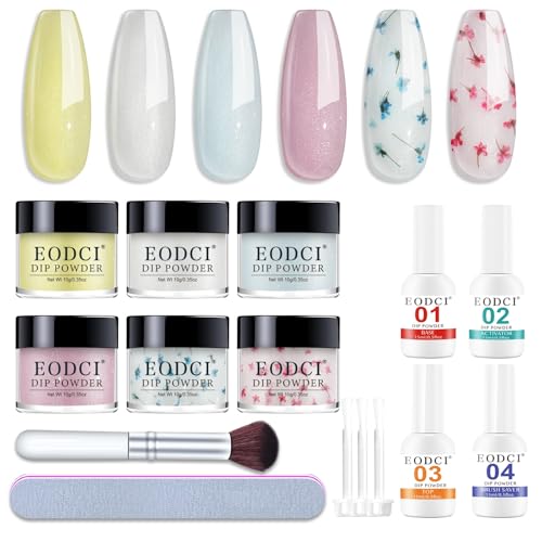 Eodci Flower Dip Powder Nail Kit with Dried Crystal Flowers - 6 Colors, No UV Needed
