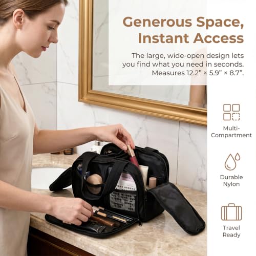 Large Travel Toiletry Bag for Women - Black Nylon Makeup Organizer