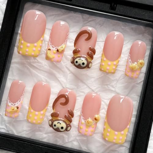 Handmade 3D Monkey Press On Nails - Medium Square French Tip Reusable Set