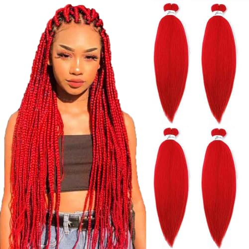 SOKU Pre-Stretched Red Braiding Hair - 24" Soft Synthetic Fiber, 4 Packs