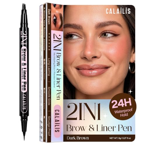 CALAILIS Waterproof Microblading Eyebrow Pencil for Women - Dark Brown 2-in-1 Microblading & Precise Brush Dual-Ended Eyebrow & Eyeliner Pen