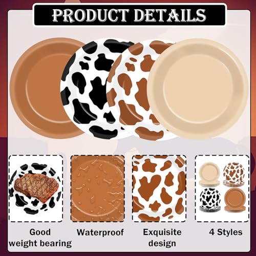 48-Piece Western Cowboy Party Plates - 7-Inch Disposable Cow Print