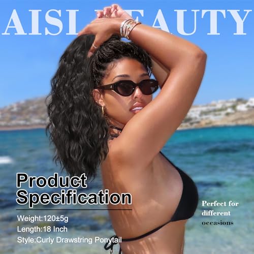 AISI BEAUTY 18 Inch Curly Synthetic Ponytail Extension Black Brown for Women