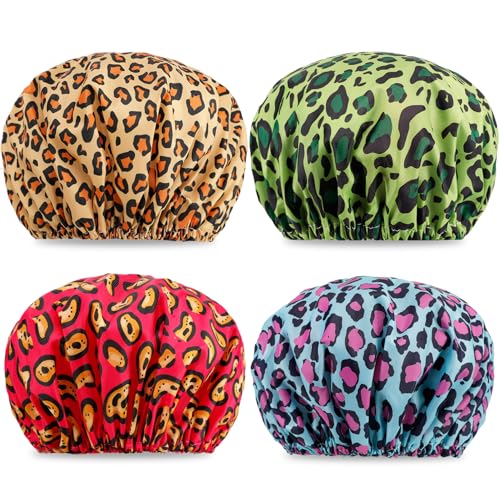 Leopard Print Shower Caps for Women - 4 PCS Waterproof Set