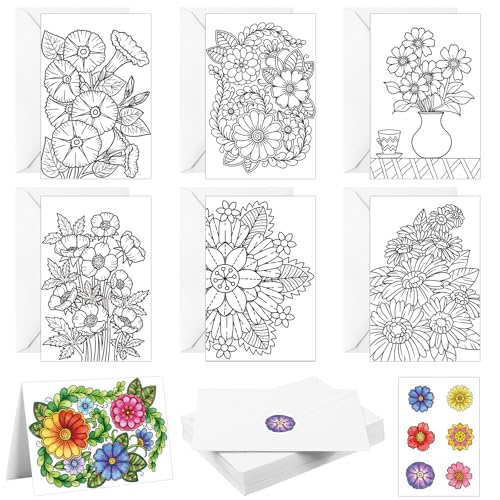 Gueevin 24-Piece Flower Coloring Greeting Cards Set with Envelopes