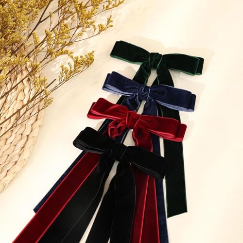 VOBOBE 4PCS Velvet Hair Bows for Girls & Women with Long Tails - Black, Red, Green, Navy
