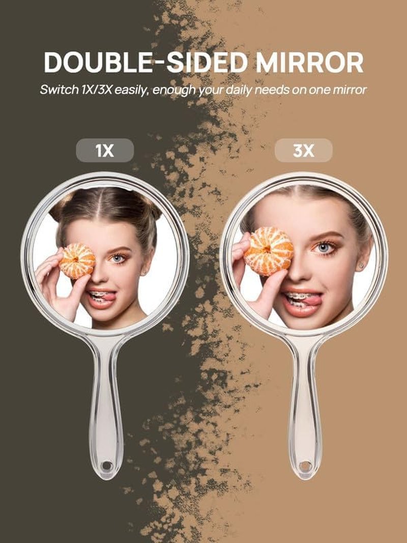 Double-Sided Hand Mirror Set - 1X/3X Magnifying Handheld Mirrors with Handle | Clear Finish