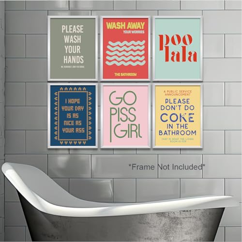 Funny Bathroom Wall Art Prints - 6 Piece Set, 8x10 Unframed