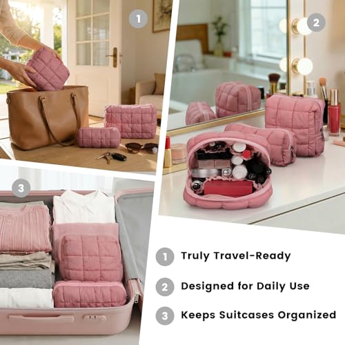 JZRTravel 3 Pack Puffer Quilted Makeup Bags Set - Dark Pink