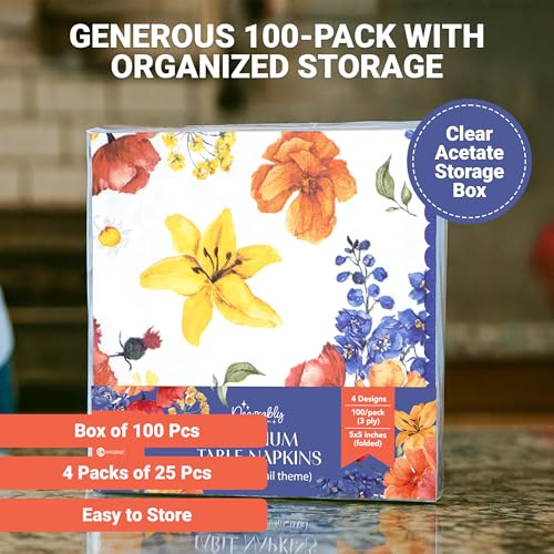 Decorably 100 Pack Floral Cocktail Napkins | 3-Ply 5x5in Spring Designs