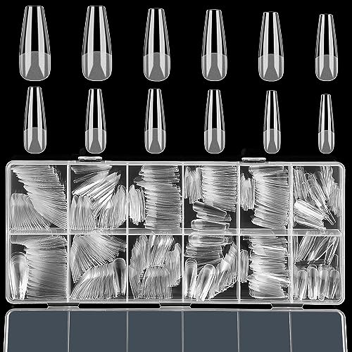 FEBSNOW 600pcs Clear Coffin Nail Tips - Full Cover Acrylic Press On