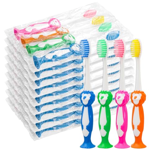 Disposable Toddler Toothbrushes 40 Pack - Cute Animal Lion Design, 4 Bright Colors, Portable & Soft Bristles