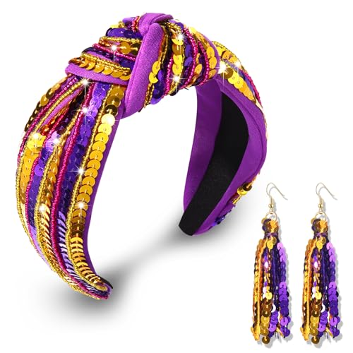 ARATLENCH Purple & Gold Sequin Game Day Headband with Top Knot for Football Fans