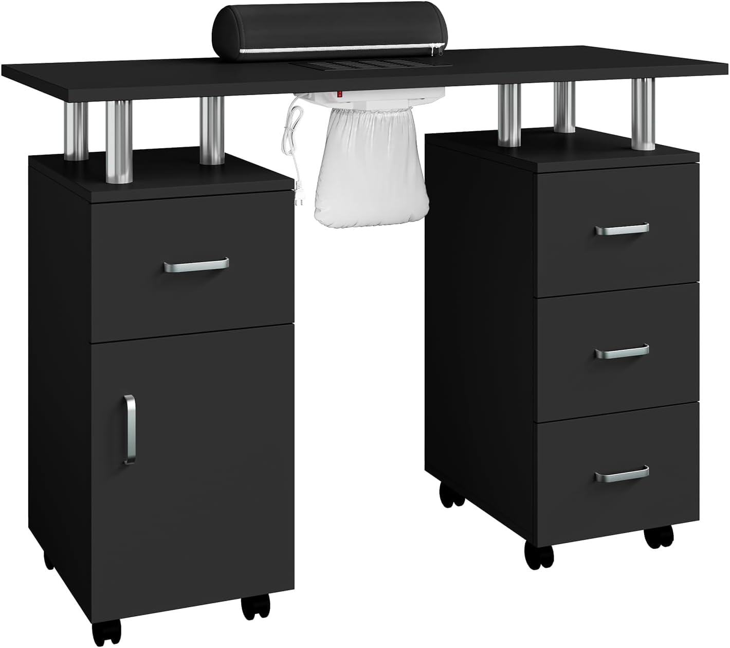 MilleLoom Manicure Table with Storage Cabinets and Drawers, Nail Desk for Nail Tech with Lockable Wheels, Dust Collector Acetone Resistant, Arm Rest for Makeup Spa Beauty Salon Station
