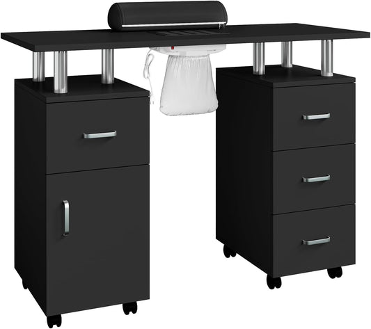 MilleLoom Manicure Table with Storage Cabinets and Drawers, Nail Desk for Nail Tech with Lockable Wheels, Dust Collector Acetone Resistant, Arm Rest for Makeup Spa Beauty Salon Station (Black-01)