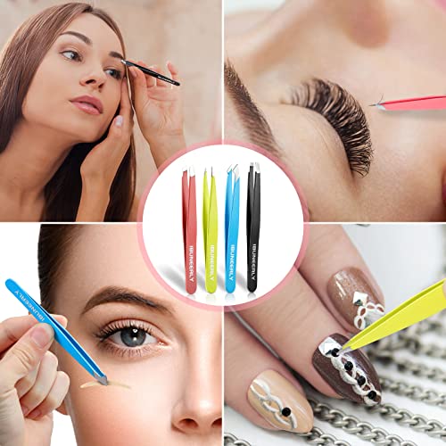 iBuneerly Eyebrow Tweezers Set - 4 Multi-Color Stainless Steel Tweezers with Travel Case