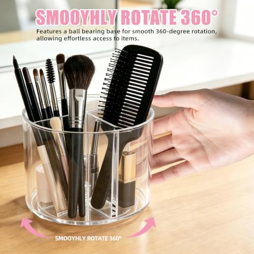 HALAGAS Round 6in Acrylic Makeup Brush Holder, 4-Slot 360° Rotating Organizer