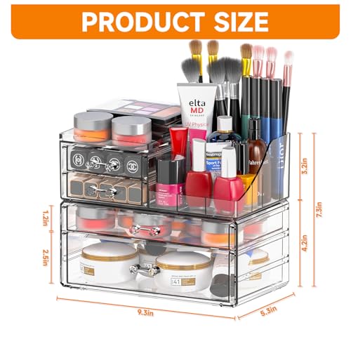 Cq Acrylic 4-Drawer Makeup Organizer Set of 2, Clear Cosmetic Storage for Vanity & Bathroom