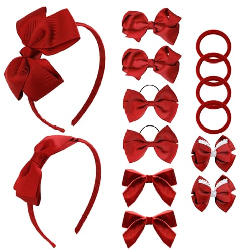 Red Hair Bow Accessories Set for Girls - 14 Pieces Hair Clips & Headbands