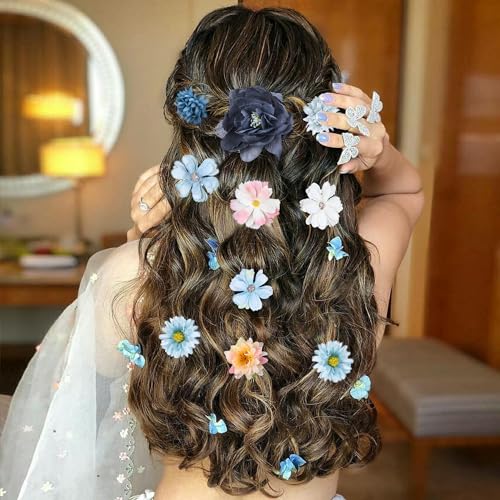 32 Pcs Handmade Flower Hair Clips - Pink & Blue Rose Barrettes