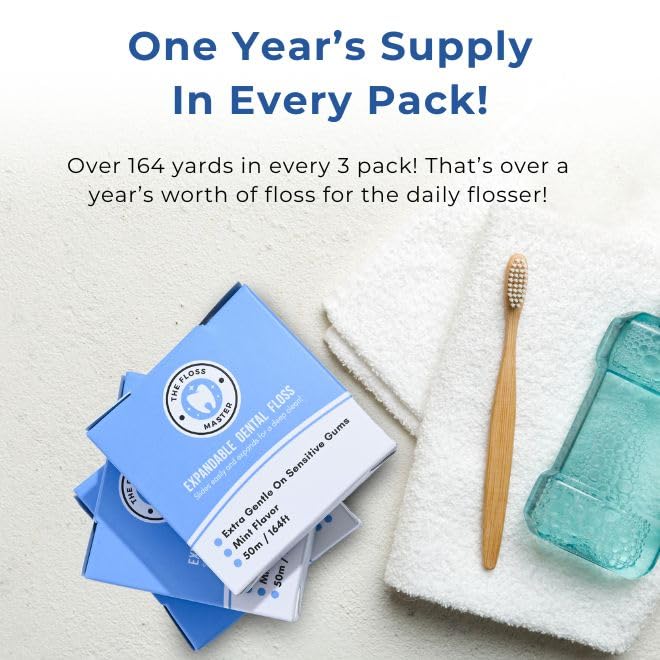 The Floss Master Expandable Mint Dental Floss 3 Pack - Plastic-Free Dispenser, Gentle Glide for Deep Cleaning
