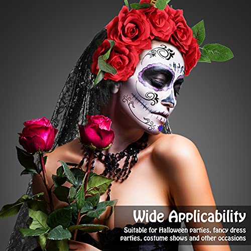 Day of the Dead Rose Flower Crown Headband with Long Veil for Halloween