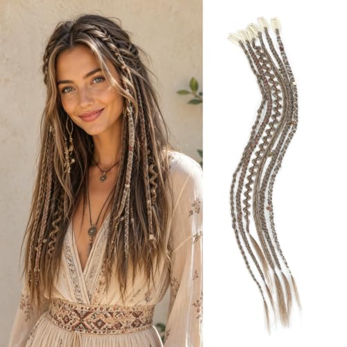 Boho Clip-In Braids 22in Hair Extensions 6Pcs Handmade Viking Bead Style