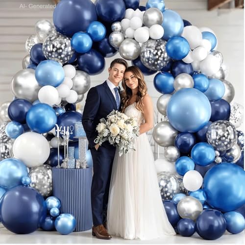 Navy Blue White Silver Balloon Arch Kit for Parties & Events