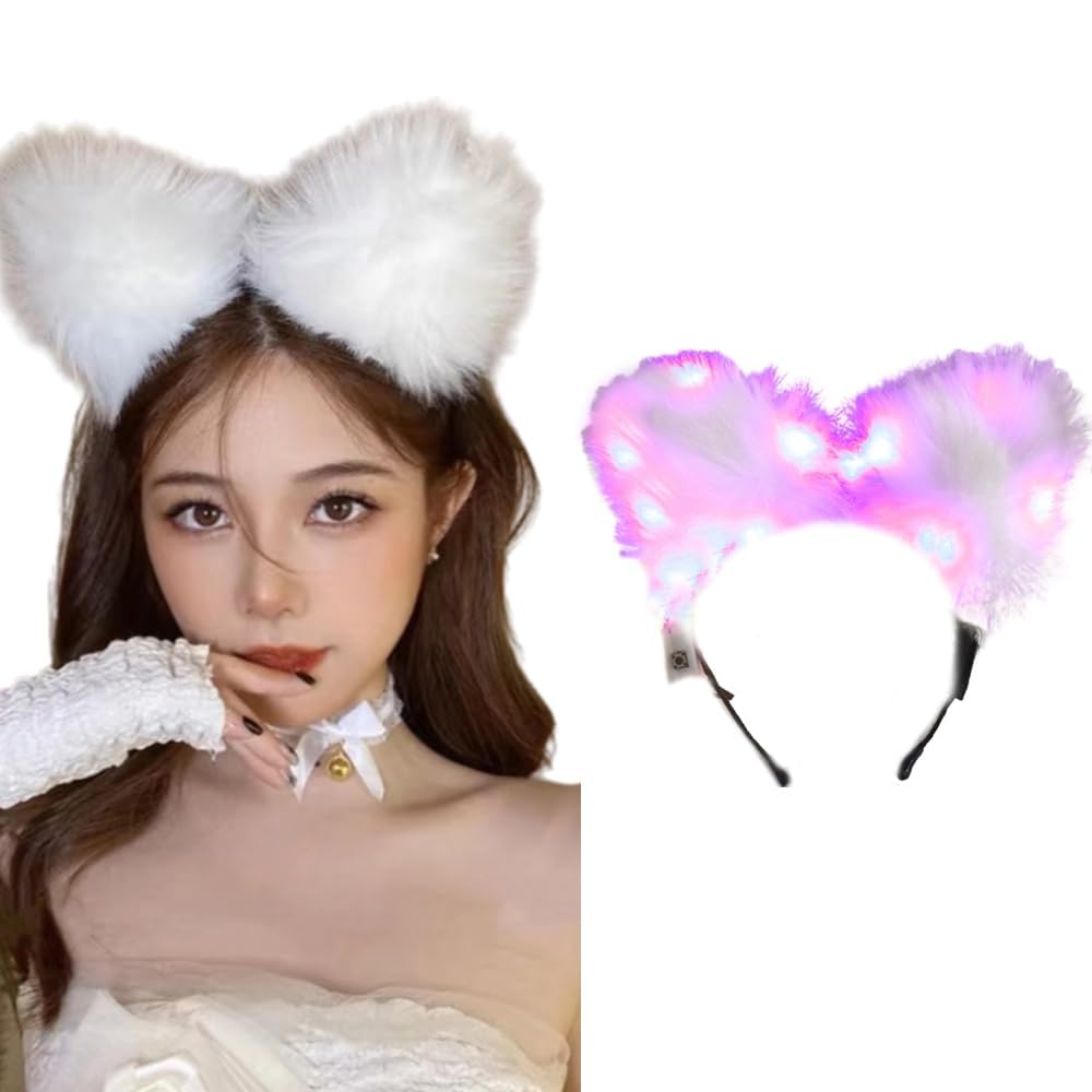 LEEMASING Light Up Headbands LED Cat Ears Headband Faux Fur Hair Hoop Cute Colored Light For Xmas Party Cosplay Halloween Birthday (Pink)