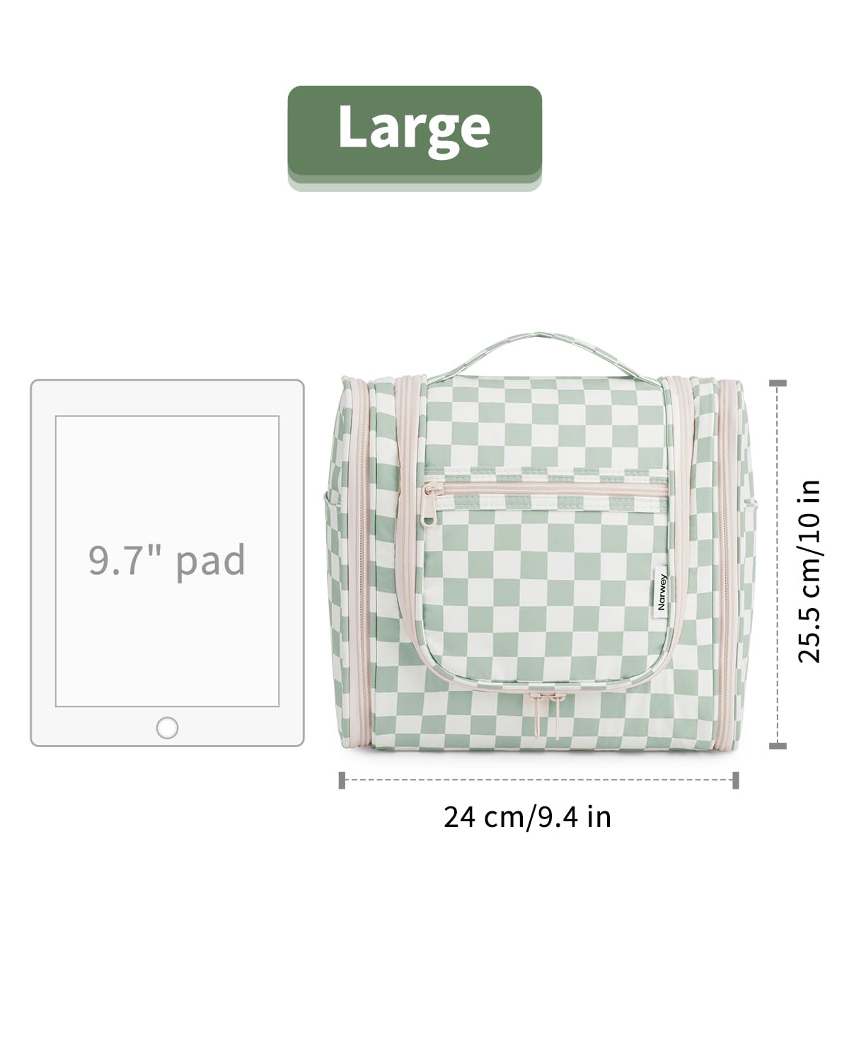 Narwey Travel Toiletry Bag for Women, Checkered Large Hanging Makeup Bag Organizer Cosmetic Make up Bags for Women, Travel Bag for Toiletries (Mint Green Checkerboard)