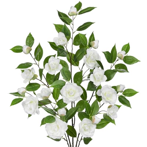 Realistic White Artificial Camellia Flowers - 3 Pcs Silk Stems