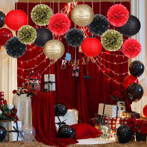 Red and Black Paper Lanterns & Pom Poms - 15 Piece Party Decor Set