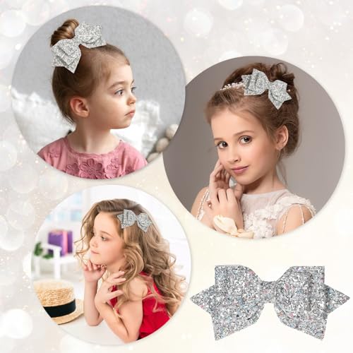 Silver Glitter Hair Bow Clips - 5 Inch Sparkly Accessories for Girls
