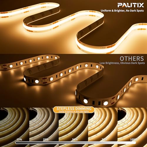 PAUTIX 5V USB LED Strip Lights - Dimmable Warm White 6.56ft Backlight