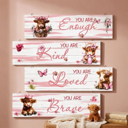 PAMBO Highland Cow Nursery Wall Art - Set of 4 Affirmation Signs