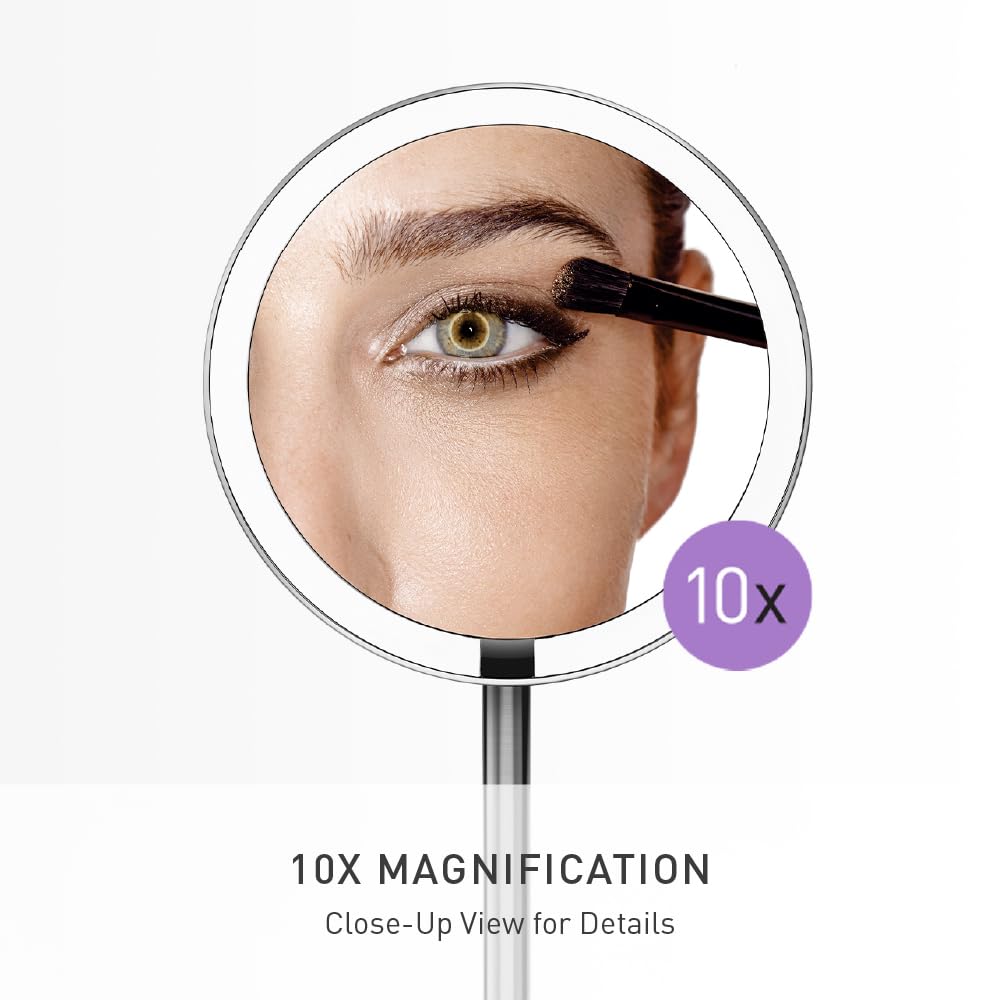 simplehuman Sensor Mirror Fold, 5'' with 10X Magnification, Round Rechargeable Travel Makeup Mirror, Tru-Lux® Full-Spectrum Light, Adjustable Brightness & Height, Brushed Stainless Steel