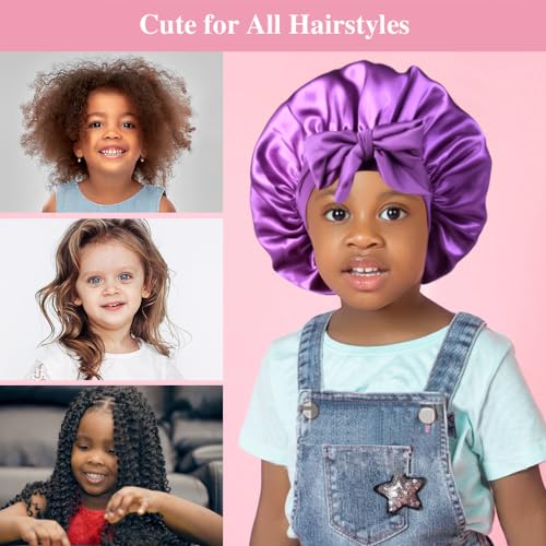 Heniho Satin Bonnets for Girls - Teal & Purple, Curly Hair Sleep Caps with Scrunchies, Adjustable, Kids Hair Care